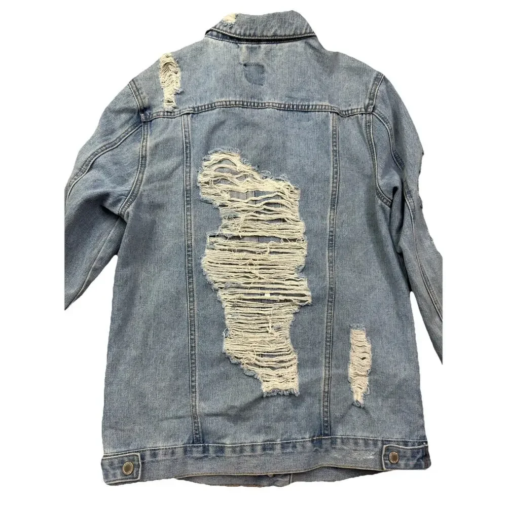 Boom Boom Jean Denim Jacket Distressed Size Medium‎ Western Rodeo Boho oversized